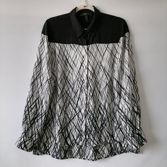 BCBGMaxazria Womens Black Hi Low Hem Striped Collared Button Up Shirt Size M - Picture 1 of 7